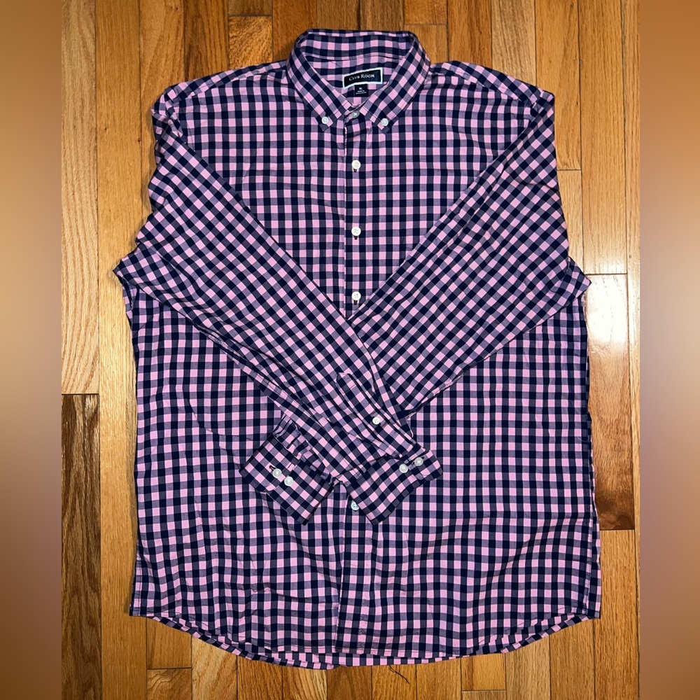 Club Room XL Men’s Button Up - Very Good Condition, black and pink check pattern